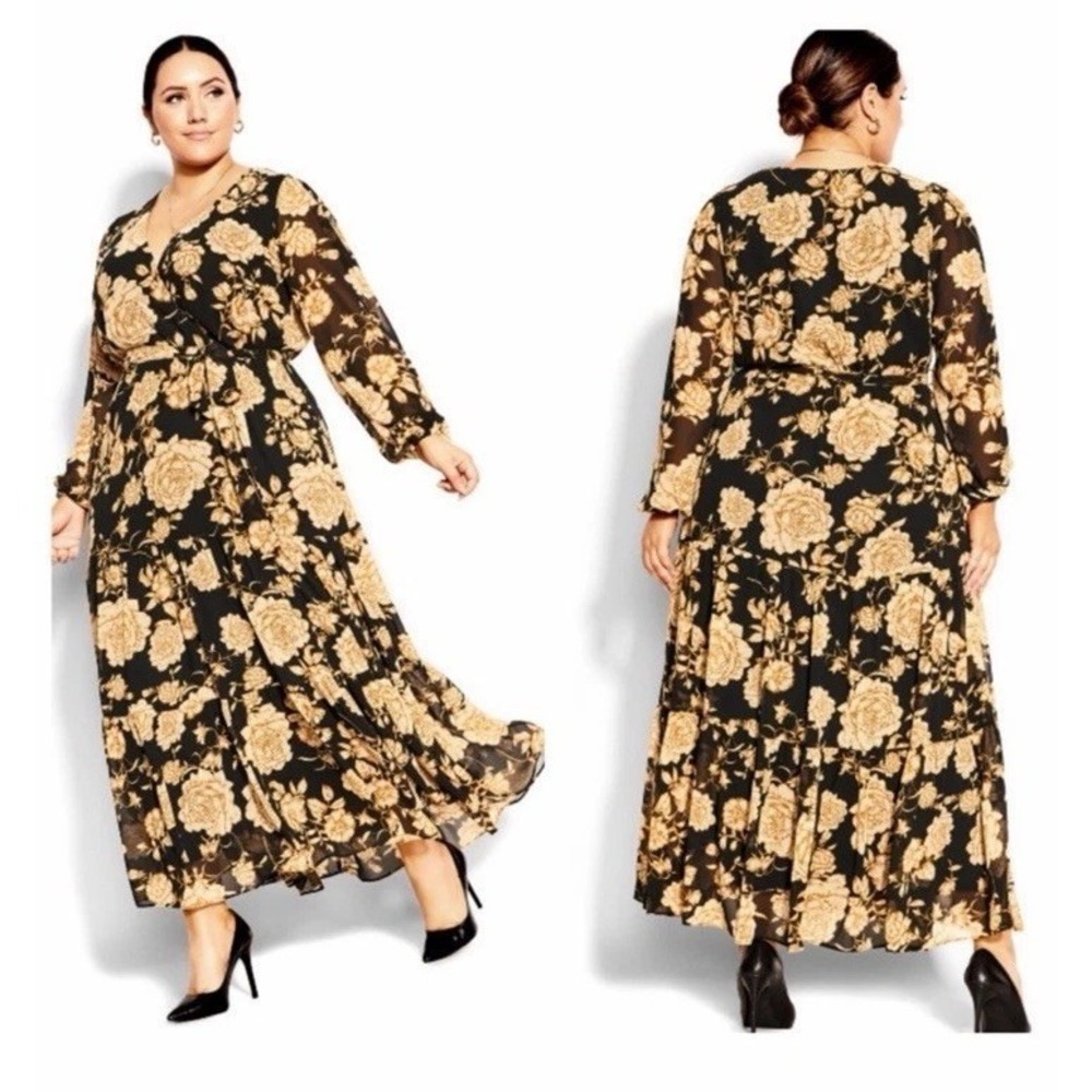 City Chic Luxe Floral Maxi Dress Black Caramel M/18 Whimsical Moody Boho Prairie
